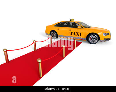 L'image de rendu 3D d'un tapis rouge avec un taxi jusqu'à la fin de high class service de taxi. Banque D'Images