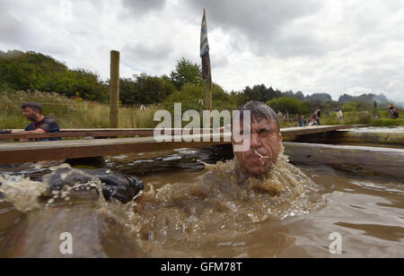 Un concurrent se dégage de l'underwater tunnels pendant dur l'ortie Warrior 2016 à South tonne Farm dans le Staffordshire. Banque D'Images