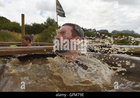 Un concurrent se dégage de l'underwater tunnels pendant dur l'ortie Warrior 2016 à South tonne Farm dans le Staffordshire. Banque D'Images