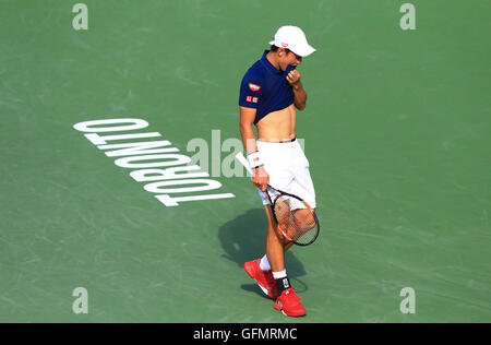 Toronto, Canada. 31 juillet, 2016. Kei Nishikori du Japon réagit au cours du dernier match de simple messieurs contre Novak Djokovic de la Serbie lors de la Coupe Rogers 2016 à Toronto, Canada, le 31 juillet 2016. Kei Nishikori a perdu 0-2. Credit : Zou Zheng/Xinhua/Alamy Live News Banque D'Images