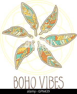 Composition de plumes ornementales Boho en cercle Illustration de Vecteur