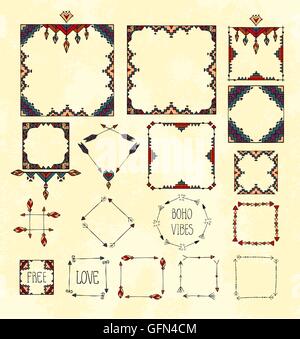 Tribal boho coloré jeu de cadres sur fond texturé gruge. Illustration de Vecteur