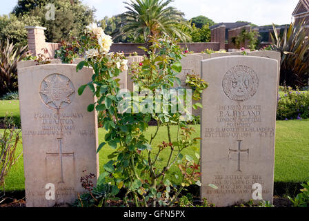 Rome, Latium, Italie. La DEUXIÈME GUERRE MONDIALE, le cimetière de guerre britannique d'Anzio. La tombe d'un soldat qui est mort à l'âge de 19 ans. Il contient 1,056 sépultures du Commonwealth de la Seconde Guerre mondiale, 1 053 Britanniques, Canadiens, néo-zélandais et sud-africains. Le 22 janvier 1944, les Alliés ont tenté de briser la ligne Gustav : ils atterrirent derrière les lignes allemandes, face à la forte opposition de l'ennemi. L'emplacement de la seconde guerre mondiale et le cimetière de guerre britannique d'Anzio a été choisi peu après, les tombes remontent à l'époque qui a suivi le Débarquement. Banque D'Images