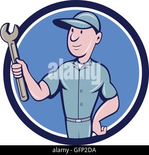 Illustration d'un réparateur handyman worker wearing hat holding tricoise à côté de l'ensemble à l'intérieur du cercle fait en style cartoon. Illustration de Vecteur