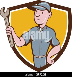 Illustration d'un réparateur handyman worker wearing hat holding tricoise à côté de l'écran à l'intérieur set crest fait Illustration de Vecteur