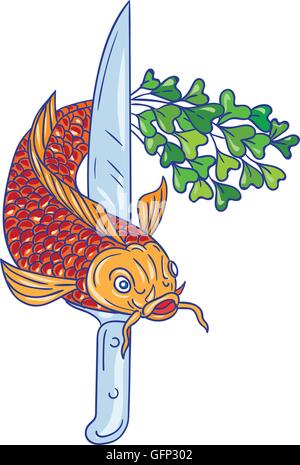 Croquis dessin illustration de style d'un couteau et d'une truite poisson avec microgreen queue vue de l'avant ensemble isolées sur fond blanc. Illustration de Vecteur