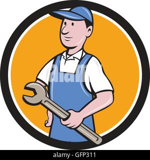 Illustration d'un réparateur handyman worker wearing hat et salopette holding tricoise à sur le côté vue de l'avant ensemble à l'intérieur du cercle fait en style cartoon. Illustration de Vecteur