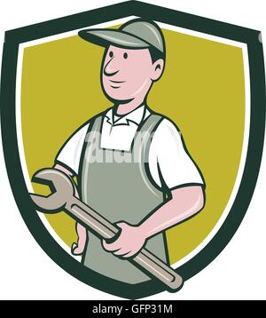 Illustration d'un réparateur handyman worker wearing hat et salopette holding tricoise à sur le côté vue de l'avant à l'intérieur set shield crest fait en style cartoon. Illustration de Vecteur