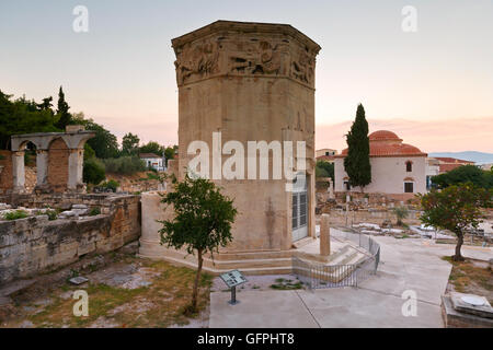 Vestiges de l'Agora romaine et la Tour des vents à Athènes, Grèce. Banque D'Images