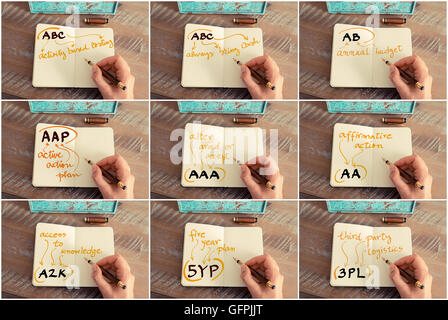 Photo Collage des acronymes et des messages. Effet rétro aux couleurs et image d'une femme d'écrire une note à la main avec un stylo sur ordinateur portable. La réussite de l'entreprise concept Banque D'Images