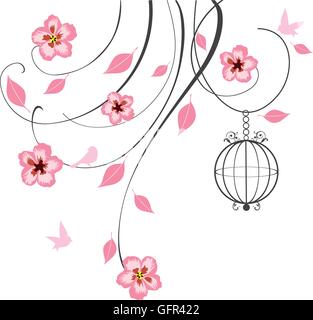 Vector illustration de volutes florales avec des fleurs de cerisier et cage à oiseaux Illustration de Vecteur