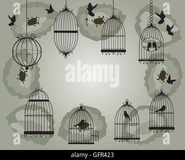 Vector illustration de cages avec des oiseaux floral vintage Illustration de Vecteur