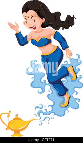 Genie in blue outfit sort de l'illustration de la lampe Illustration de Vecteur