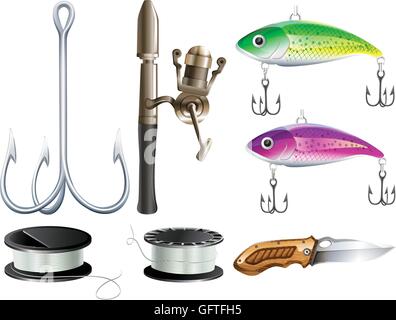 Jeu de pêche avec des hameçons et illustration des couteaux Illustration de Vecteur