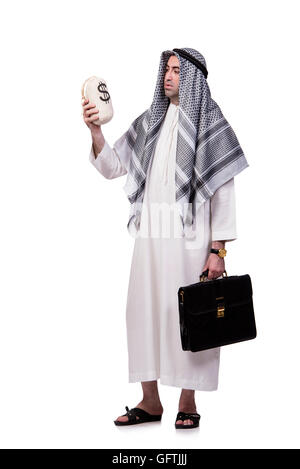 L'homme arabe avec de l'argent sacs isolated on white Banque D'Images