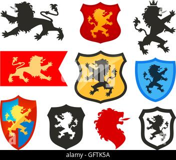 Protection avec lion, l'héraldique logo Vector. Armoiries des icônes Illustration de Vecteur