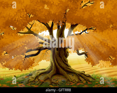 Illustration numérique d'un vieux chêne dans le temps de l'automne avec les rayons du soleil rayonnant à travers les branches. Banque D'Images