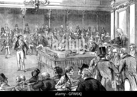 John Russell, (1792 - 1878), connu sous le nom de Lord John Russell avant 1861, a été un chef de file du parti Whig et politicien libéral qui a présenté le projet de loi sur la réforme de 1832, ou Loi sur la représentation du peuple de 1832. C'était une loi du Parlement qui introduit de vastes changements au système électoral de l'Angleterre et au Pays de Galles. Banque D'Images