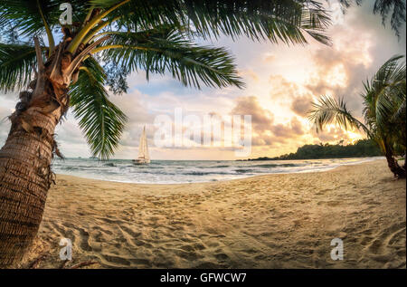 Tropical Beach Paradise au coucher du soleil, aux couleurs chaudes avec du sable, des palmiers, de beaux nuages et un bateau à voile Banque D'Images