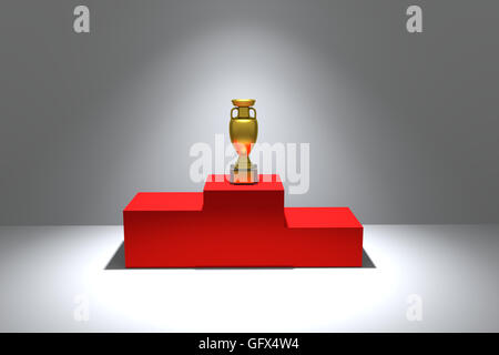 Le rendu 3D d'un trophée d'or sur un podium rouge Banque D'Images