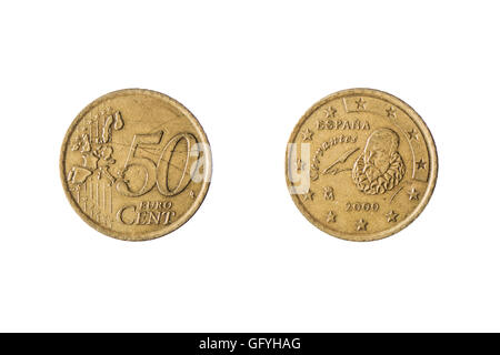 Les deux côtés de la pièce de 50 euro cents isolé sur fond blanc Banque D'Images