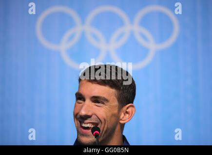 Rio de Janeiro, Brésil. 3e août 2016. Michael Phelps (USA), est perçu au cours de la conférence de presse de l'équipe américaine à la MPC (Centre de presse) à l'Olympic Park Barra avant les Jeux Olympiques de Rio 2016 à Rio de Janeiro, Brésil, 3 août 2016. Les Jeux Olympiques de Rio 2016 se tiendra du 05 au 21 août. Photo : Michael Kappeler/dpa/Alamy Live News Banque D'Images