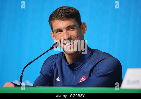 Rio de Janeiro, Brésil. 3e août 2016. Michael Phelps (USA), est perçu au cours de la conférence de presse de l'équipe américaine à la MPC (Centre de presse) à l'Olympic Park Barra avant les Jeux Olympiques de Rio 2016 à Rio de Janeiro, Brésil, 3 août 2016. Les Jeux Olympiques de Rio 2016 se tiendra du 05 au 21 août. Photo : Michael Kappeler/dpa/Alamy Live News Banque D'Images