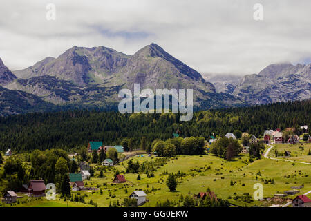 Nature Paysage , village de la vallée verte et la forêt à la journée d'été. Le parc national de Durmitor, Monténégro, l'Europe. Banque D'Images