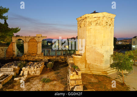 Vestiges de l'Agora romaine et la Tour des vents à Athènes, Grèce. Banque D'Images