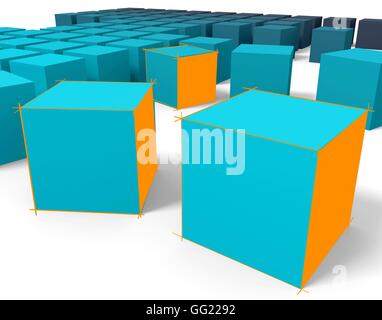 Le rendu 3D de cubes bleus avec orange lignes esquissées à main levée Banque D'Images