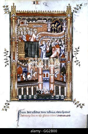Yves, moine à l'abbaye de Saint Denis : Vie de Saint Denis. Exemplaire offert en 1317 à Philippe le Grand. Prédication par saint Denis. Sur le pont, un silvesmith, une Falconer, un portier, un armurier. Début du 14ème siècle en France Banque D'Images