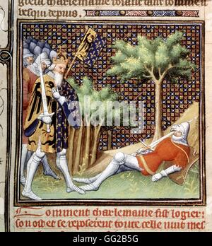 Chroniques de Saint Denis par Jean Fouquet Charlemagne la découverte du chevalier Roland à Ronceveaux demeure 15ème siècle France Banque D'Images