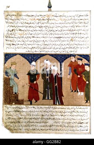 Manuscrit persan illustré de 106 tableaux : 'Jami'al Tawarikh" par Rachid ad-Dîn (Histoire des Mongols). Gengis Khan, sur le trône, entouré par les Mongols. 14ème siècle de l'école persane Banque D'Images