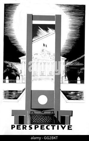 Dessin de Paul Iribe, 'Perspective'. La Chambre des Députés en perspective derrière la guillotine France 1934 Banque D'Images