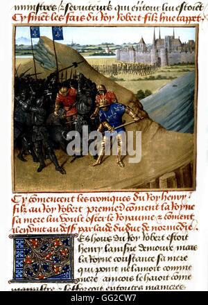 Chroniques de Saint Denis. Par Jean Fouquet. Bataille du roi Henri I de France (1031-1060) contre le comte de Champagne, fils de Eudes de Blois, prince de Tours 15e siècle France Banque D'Images