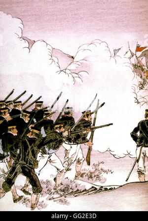 Le bois gravé guerre Chinese-Japanese anonyme. La bataille de Kozan. Les troupes chinoises de contrôle de l'accès à la Mandchourie Octobre 1894 Chine - Japon Banque D'Images