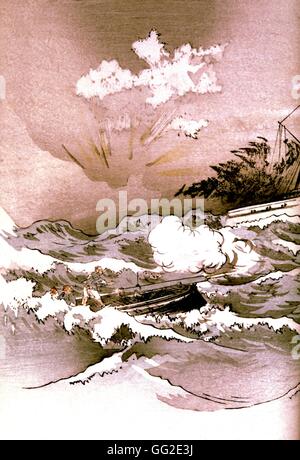 Le bois gravé guerre Chinese-Japanese anonyme. Bataille navale de la mer Jaune. 'Navire' aikyo coulé par des torpilles japonais Octobre 1894 Chine - Japon Banque D'Images