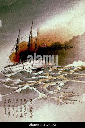 Le bois gravé guerre Chinese-Japanese anonyme. Bataille navale de la mer Jaune. 'Navire' isey sur fire Octobre 1894 Chine - Japon Banque D'Images