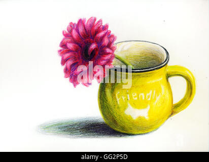 Mug jaune avec des fleurs Banque D'Images