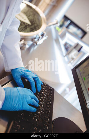 Fabricant part travailler sur ordinateur à la brasserie Banque D'Images