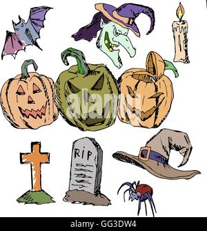 Vector pattern transparente pour l'Halloween. Citrouille, fantôme, araignées, bougies, Pac, monument, de la tombe et d'autres articles sur le thème. Cartoon lumineux Illustration de Vecteur