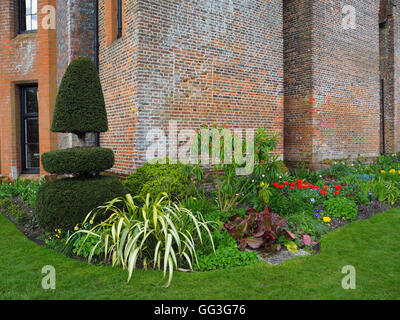 Coin de Chenies Manor montrant l'ancienne usine de briques, frontière, topiary, tulipes rouges au printemps, baie vitrée et les plante. Banque D'Images