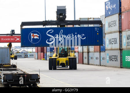 Une lourde machine de levage et de chargement de déchargement et de chargement des conteneurs d'expédition sur des trains de marchandises dans une gare de marchandises ou port ferroviaire. Banque D'Images