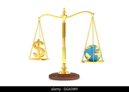 Concept L'équilibre du monde, et de l'argent sur les échelles. Le rendu 3D isolé sur fond blanc Banque D'Images