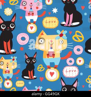 Modèle sans couture avec funny cats in love sur fond bleu Illustration de Vecteur