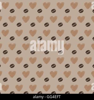 Les grains de café et les cœurs d'amour vecteur seamless pattern. Les grains ayant des symboles sur fond brun. Swatch modèle inclus Illustration de Vecteur