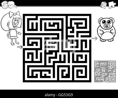 Illustration Cartoon noir et blanc de l'éducation ou l'activité Labyrinthe Labyrinthe tâche pour les enfants avec Girl et Teddy pour colorer Illustration de Vecteur