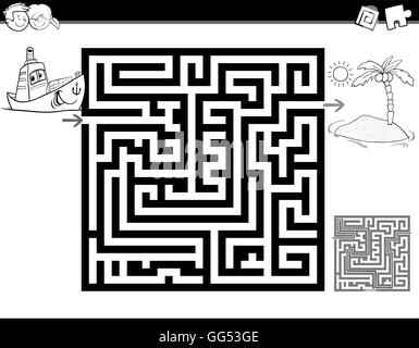 Illustration Cartoon noir et blanc de l'éducation ou l'activité Labyrinthe Labyrinthe tâche pour les enfants avec le navire et pour la coloration de l'île Illustration de Vecteur