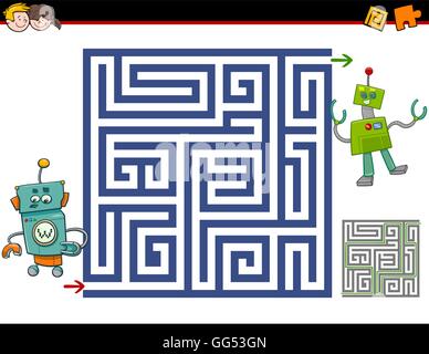 Cartoon Illustration de l'enseignement ou l'activité Labyrinthe Labyrinthe tâche pour les enfants avec des robots Drôle Illustration de Vecteur