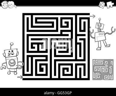Illustration Cartoon noir et blanc de l'éducation ou l'activité Labyrinthe Labyrinthe tâche pour les enfants avec les robots pour la coloration Illustration de Vecteur